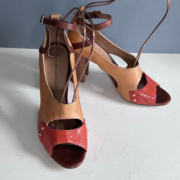 Sigerson Morrison heels size 9 colorblock orange wood Scandinavian studded MCM - Picture 2 of 12